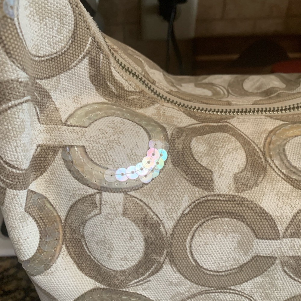 Coach Beige and Cream Double C Patterned Shoulder Bag - Picture 9 of 13